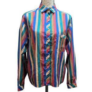 Ship n Shore Womens M/L‎ Blouse 70s Retro Tailored Vertical Stripes Boho Hippie